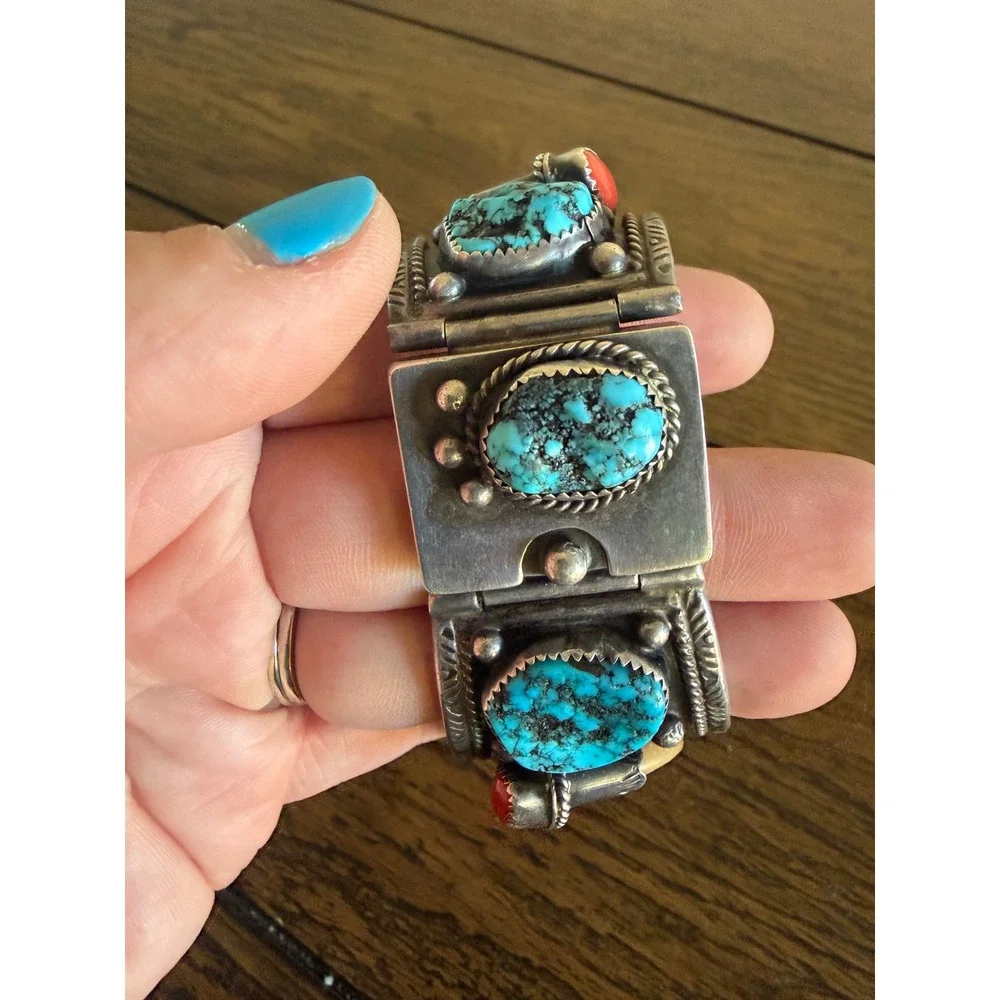 Vintage Navajo Sterling Silver Turquoise CoralClaw Watch Cuff Bracelet signed